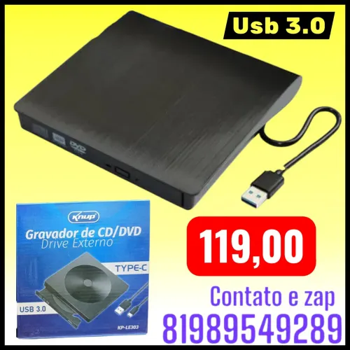 Gravador e leitor de CD/DVD externo USB 3.0