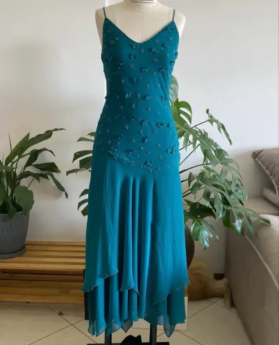 Vestido Vintage Azul-Petróleo Bordado com Pedrarias