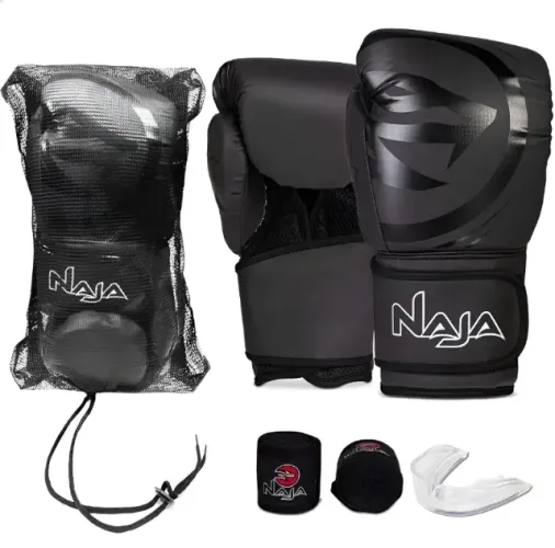 Kit Luva Boxe Muay Thai Naja Black Bandagem + Bucal Cor Preto Tamanho 14oz