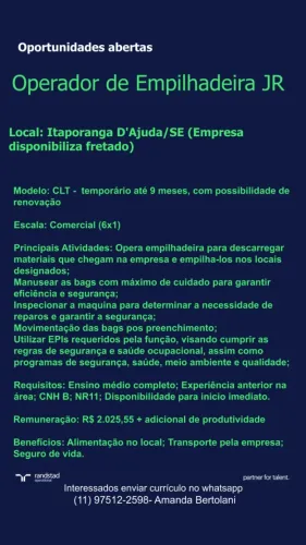 Operador de Empilhadeira JR, Itaporanga d´Ajuda/SE - R$ 2.025 + Produtividade