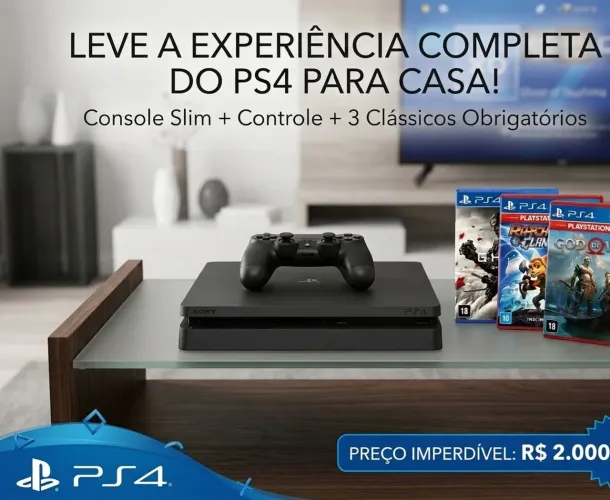 PS4 Slim 1TB Silencioso e Conservado + Controle Original e 3 Jogos