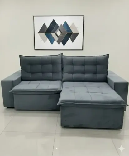 Sofá Retrátil e Reclinável Londres 2,52m Cinza - Pillow 10cm e Molas