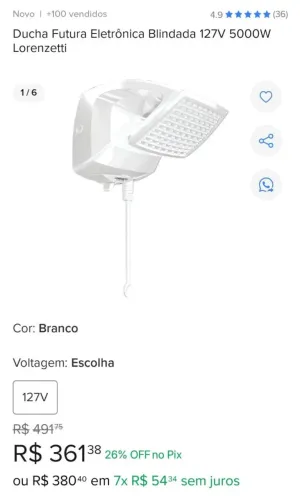 Chuveiro ducha eletrônica futura blindada 127V 5000W Lorenzetti