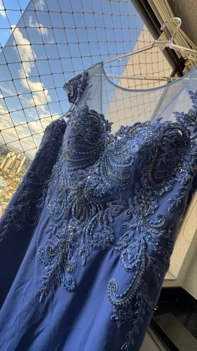 Vestido de Festa Luxo Dolps Azul Tamanho 50 Bordado em Pedrarias