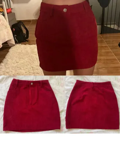 Saia vermelha com bolso veludo jeans