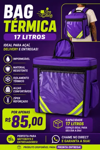 Bag 17 Litros Acai Delivery Motoboy Entrega Mochila Roxa Termica Impermeavel Mototaxi