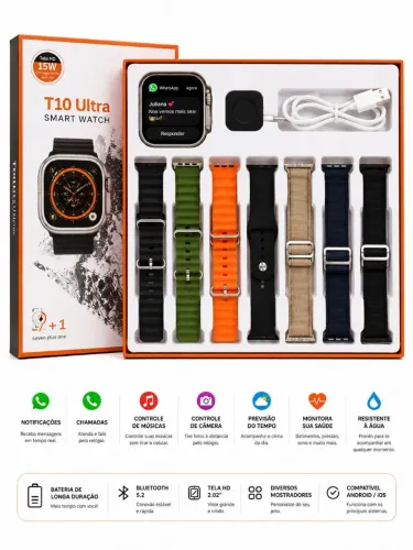 Smartwatch T10 Ultra 2.02 Relógio Inteligente 7 Pulseiras Android iPhone