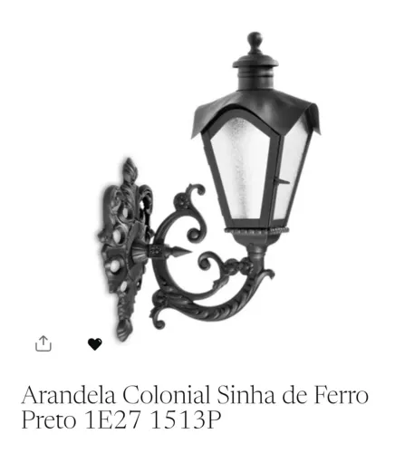 Arandela Colonial Sinha de Ferro Preto 1E27 1513P