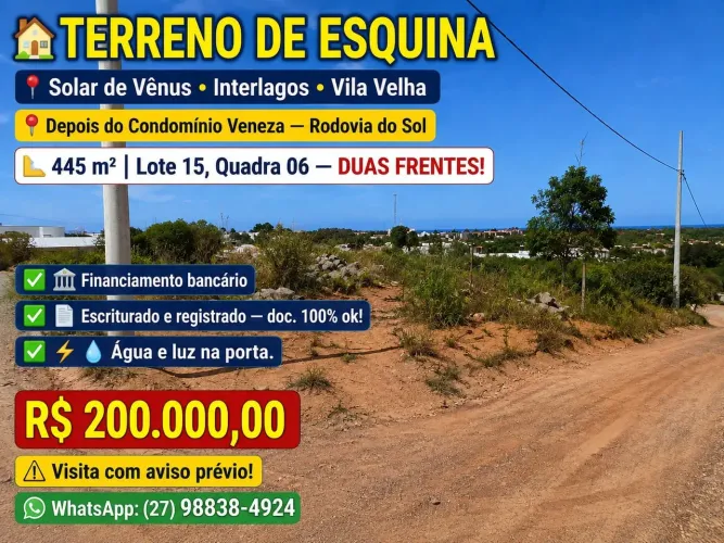 VENDO TERRENO ENORME DE ESQUINA EM INTERLAGOS MORRO DA LAGOA
