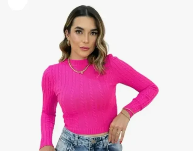 Cropped Tricô Trançado Manga Longa Cores Lisas Tam P Novo