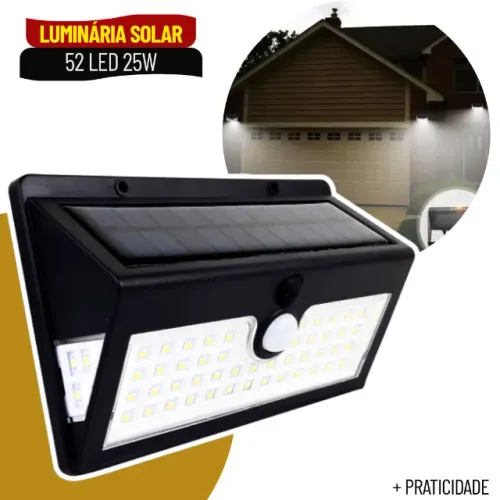 Arandela Solar 25W com 52 LEDs Sensor de Presença e Bateria Recarregável - SCS65