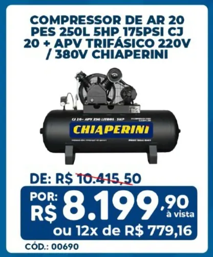 COMPRESSOR DE AR 20 PCM 250L 5HP 175PSI CJ 20 + APV TRIFÁSICO 