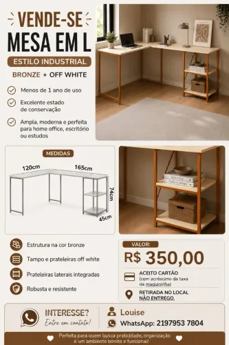 Mesa em L - Estilo industrial (bronze + off white)