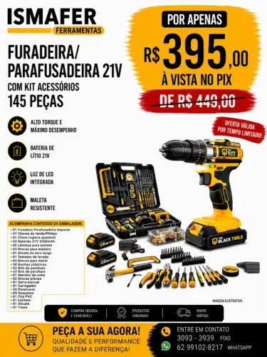 FURADEIRAPARAFUSADEIRA 21V COM KIT ACESSORIOS 145 PECAS- BIVOLT THE BLACK TOOLS - TBKIT19