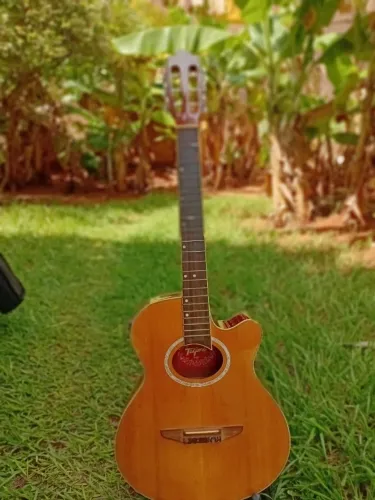 Violão Tagima elétrico com capa e pedestal.