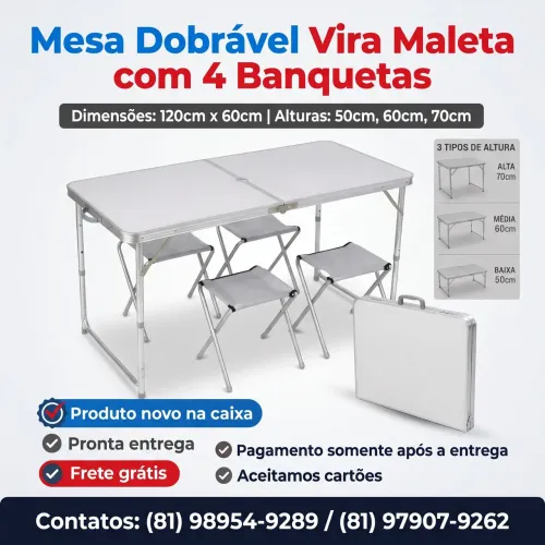 Mesa Dobrável 120x60 Camping Praia Com 4 Bancos Portátil