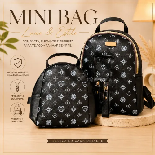 Mini Mochila Fashion Premium Preta Estampada