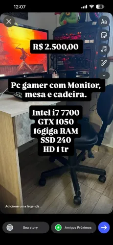 Pc Gamer completo com monitor, mesa e cadeira.