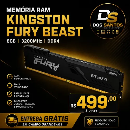 Memória RAM Kingston Fury Beast 8GB DDR4 3200MHz - Produto Novo