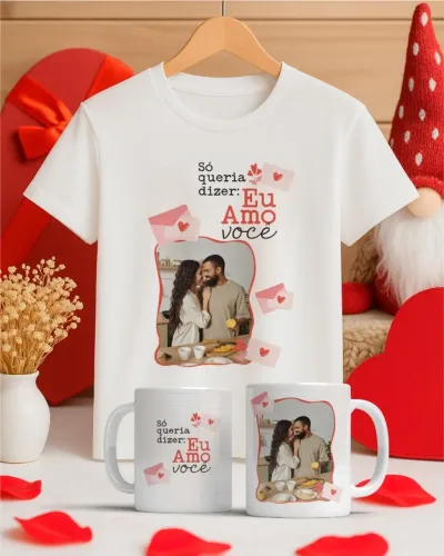 kit dia dos namorados camisa branca + caneca de porcelana personalizada (por encomenda)