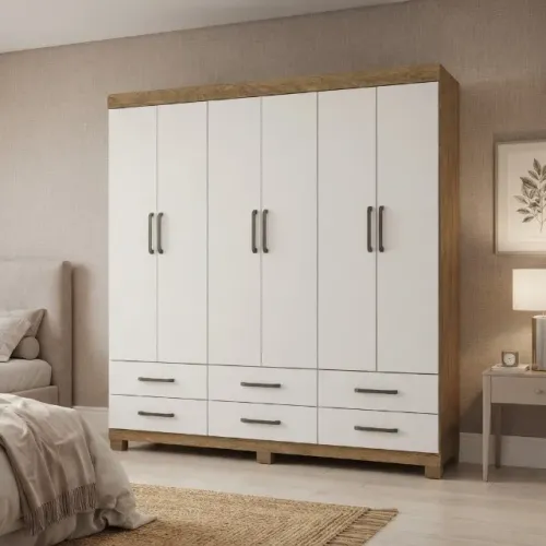 Guarda roupa casal Dallas cinamomo branco 6 portas e gavetas
