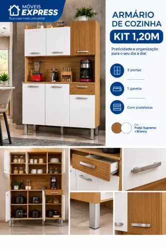 ARMÁRIO DE COZINHA KIT 3 PORTAS + 1 GAVETA | 1,20M | FREIJÓ SUPREMO E BRANCO