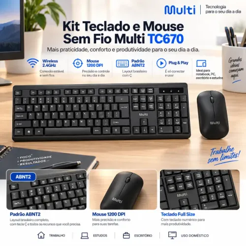 Kit Teclado e Mouse Sem Fio Multi TC670 Wireless 2.4GHz 1200 DPI ABNT2 Preto