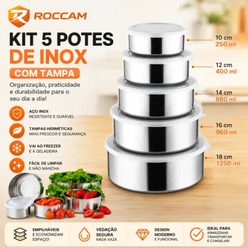 Conjunto NOVO De Tigelas Aço Inox 5 Peças Potes Com Tampa