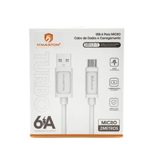 Cabo Micro-USB V8 H'maston HB17-1 Turbo 6A 2 Metros Carga Rápida Dados Para Celular E Tabl