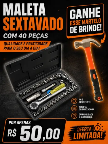 Jogo De Soquete Chave Catraca Reversível Sextavado - 40 Peças - Ganha de brinde um martelo