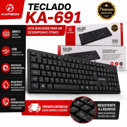 Teclado KAPBOM KA-691 USB ABNT2 com Fio Preto