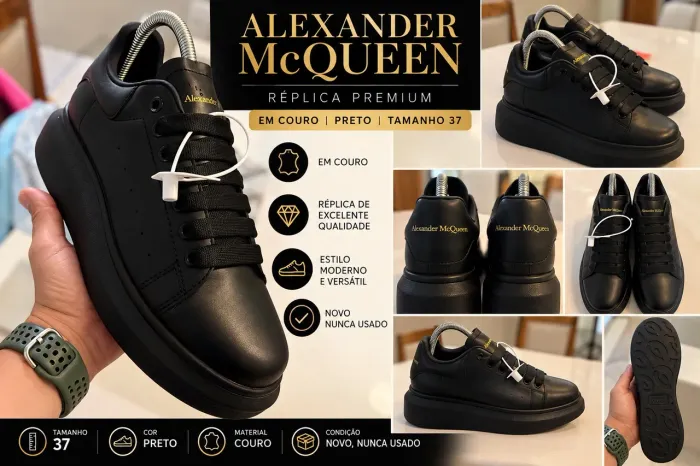 Tênis Alexander McQueen Réplica Premium em Couro Preto - Nº 37 - Novo