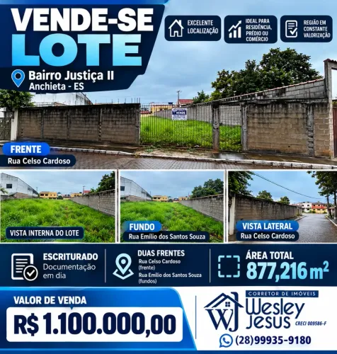 ANÚNCIO DE VENDA  LOTE EM JUSTIÇA II, ANCHIETA/ES  LOTE ESCRITURADO COM DUAS FRENTES EM AN