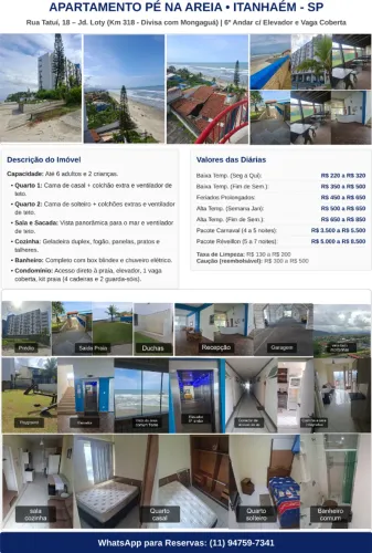 apartamento pé na areia ataiem sp venda. Locação ver tabela no folder da capa