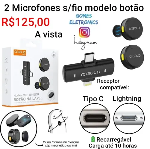 2 Microfone de lapela sem fio conexão Tipo C - Iphone e Android