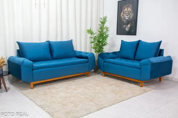 Sofá 3 e 2 lugares Bélgica Veludo Azul Frete Grátis - Até 12x