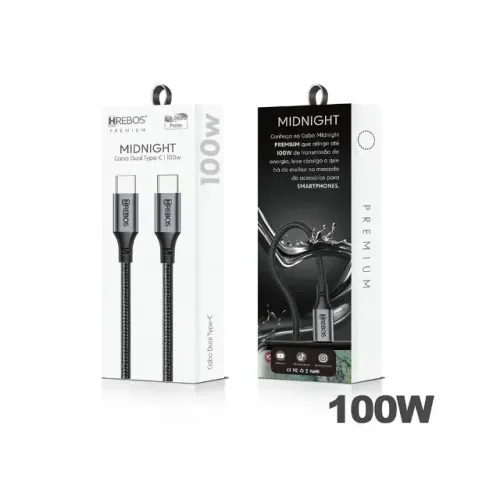 Cabo Auxiliar Hrebos USB-C para USB-C, 100W, 1metro, tecido trançado, Midnight