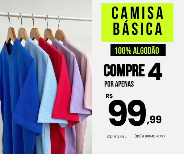 Camisa Básica Masculina 100% Algodão Tradicional kit 4 por 99,99