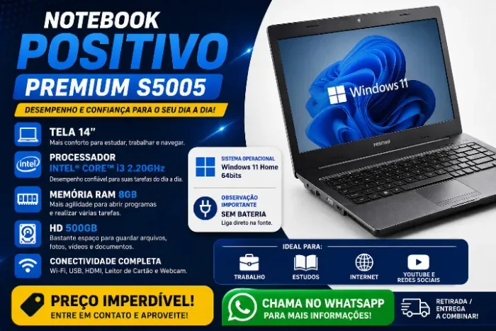 Notebook Positivo Premium S5005 + 8GB RAM + HD Sata 3