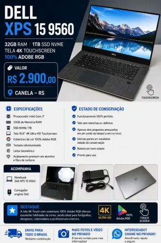 Notebook Dell XPS 9560 I7 32gb 1tb Nvme Tela 4K Touchscreen