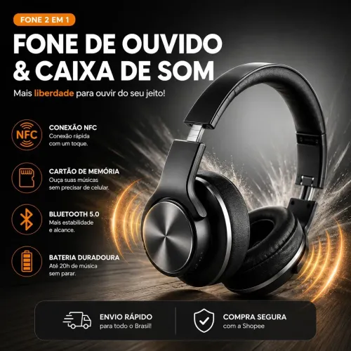 Headphone Feir FR-504 Preto 2 em 1 (Fone + Caixa de Som) com NFC (Oferta Relâmpago)