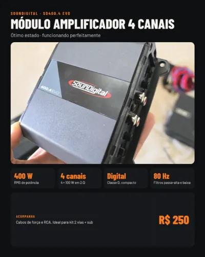Módulo Amplificador Soundigital SD400.4 EVO 400W RMS 4 Canais Som Automotivo