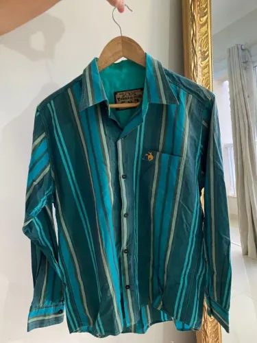 Camisa Terra do peão masculina manga comprida listrada verde marrom claro gola polo botão 