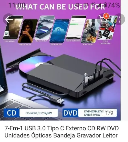 7- EM- 1 USB 3.0 Tipo C Externo CD RW DVD Unid.Ópticas Bandeja Gravador Leitor/Notebook