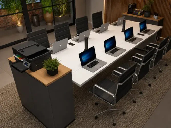Mesa de Reunião Corporativa Com Torres de Tomadas: L344cm x L100cm x A90cm.