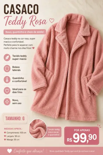 Casaco Teddy comprido rosa G Novo