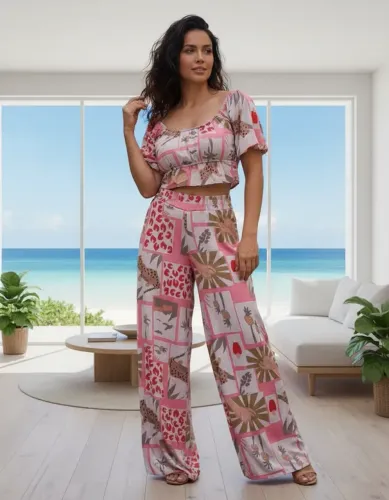 Conjunto Feminino Calça Pantalona e Blusinha Cropped