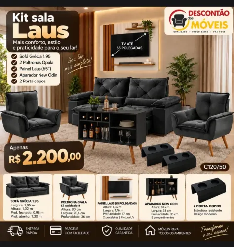 Kit sala laus sofá, 2 poltronas, aparador, painel e 2 porta copos