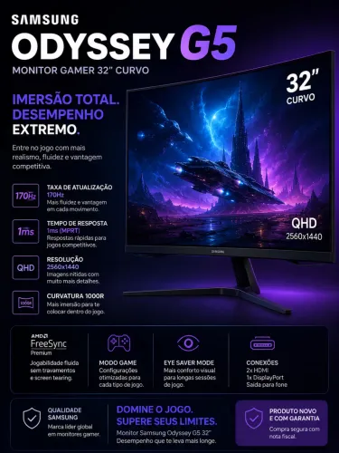 MONITOR GAMER SAMSUNG ODYSSEY G5 4K - 32 ULTRAWIDE CURVO 165Hz