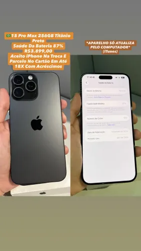 iPhone 15 Pro Max 256GB Titânio Preto - Aparelho Só Atualiza Pelo Computador (Usado)